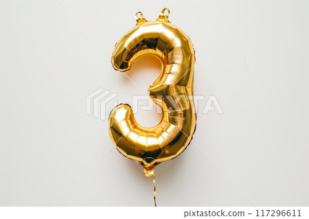 Gold Number 3 Balloon on White Background 117296611