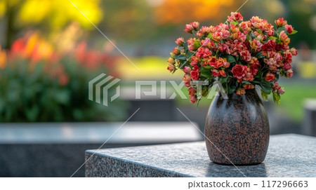 Serene Morning with Blue Vase and Fresh Wildflowers on Patio 117296663