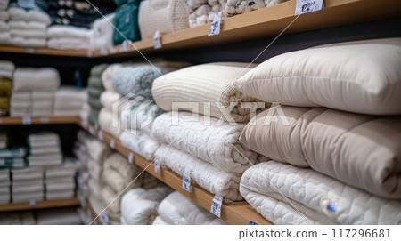 Cozy Home Textiles on Wooden Shelves in Store 117296681