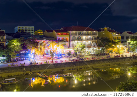 Night view of the town along the Thu Bon River in Hoi An, Vietnam Night view of the town along the Thu Bon River in Hoi An, Vietnam 117296968
