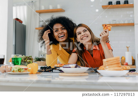 Pride LGBT Family at the kitchen Happy face. Preparing family dinner at home 117297013