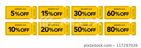 Pop yellow and black coupon vector icon set for member sales (by discount percentage) Pop yellow and black coupon vector icon set for member sales (by discount percentage) 117297026