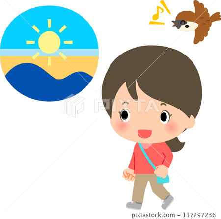 Smiling woman walking early in the morning Smiling woman walking early in the morning 117297236