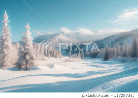 Blue sky and snowy mountain background AI generated image Blue sky and snowy mountain background AI generated image 117297385