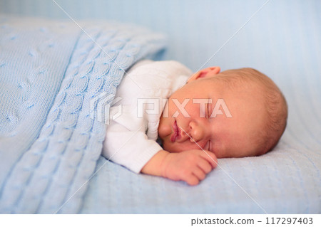 Newborn baby boy on a blue blanket 117297403