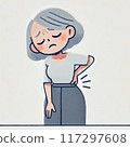 Illustration of a woman suffering from back pain due to osteoporosis 117297608