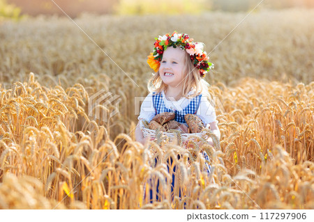 Child in wheat field with German bread 117297906