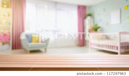 Empty wooden table with blurry baby room background, for design and decoration concepts Empty wooden table with blurry baby room background, for design and decoration concepts 117297963