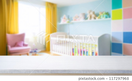 Empty wooden table with blurry baby room background, for design and decoration concepts Empty wooden table with blurry baby room background, for design and decoration concepts 117297968