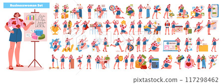 Young Businesswoman Set. Dynamic female professional in diverse situations from presentations to vacations. Career growth, multitasking, work-life balance. Vector illustration. 117298462