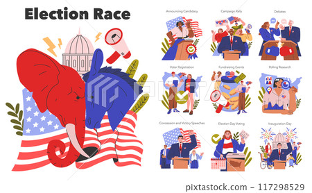 Election Race set. Various stages of the democratic process illustrated, from candidacy announcement to inauguration day. Colorful and engaging political campaign activities. Vector illustration. Election Race set. Various stages of the democratic process illustrated, from candidacy announcement to inauguration day. Colorful and engaging political campaign activities. Vector illustration. 117298529