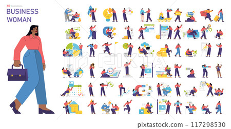 Business Woman set. Diverse professional scenarios and workplace tasks. Leadership, success, and collaboration themes. Vector illustration. 117298530