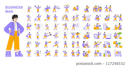 Businessman set. Daily activities and professional challenges of a modern entrepreneur. Office work, presentations, travel, and financial management. Vector illustration. 117298532