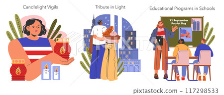 Patriot Day set. Illustration of citizens honoring 9 11 with candlelight vigils, city light tributes, and educational school programs. Vector illustration. 117298533