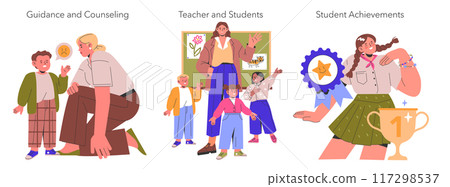 Education profession set. A teacher's various roles from providing guidance to celebrating student successes. Classroom interaction, counseling, achievement recognition. Vector illustration. Education profession set. A teacher's various roles from providing guidance to celebrating student successes. Classroom interaction, counseling, achievement recognition. Vector illustration. 117298537