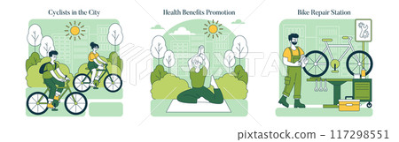 World Car Free Day set. Urban cycling, health wellness, and bike maintenance scenes. Promoting eco-friendly transport and lifestyle. Vector illustration. 117298551