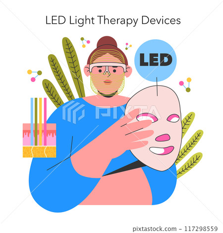 Skincare innovation concept. Woman using a LED light therapy mask for beauty treatment. Home facial technology for skin rejuvenation. Vector illustration. Skincare innovation concept. Woman using a LED light therapy mask for beauty treatment. Home facial technology for skin rejuvenation. Vector illustration. 117298559