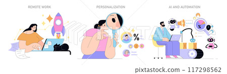 Small Business Concepts set. Remote work flexibility, customer personalization, AI and automation integration. Exploring modern business trends and digital transformation. Vector illustration. Small Business Concepts set. Remote work flexibility, customer personalization, AI and automation integration. Exploring modern business trends and digital transformation. Vector illustration. 117298562