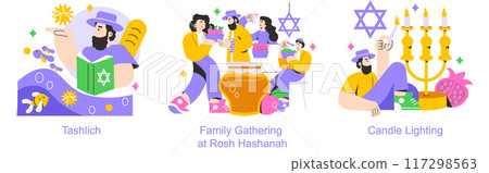 Rosh Hashanah set. Illustrations depicting Tashlich, family gathering, and candle lighting rituals. Jewish New Year traditions and celebrations. Vector illustration. Rosh Hashanah set. Illustrations depicting Tashlich, family gathering, and candle lighting rituals. Jewish New Year traditions and celebrations. Vector illustration. 117298563