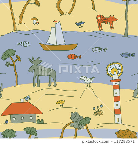 Doodle style hand drawn summer vacation seamless pattern. 117298571