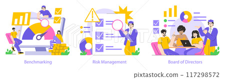 Business Operations set. Analyzing key metrics, assessing risks, and strategic planning. Teams engage in benchmarking, risk management, and board discussions. Vector illustration. 117298572