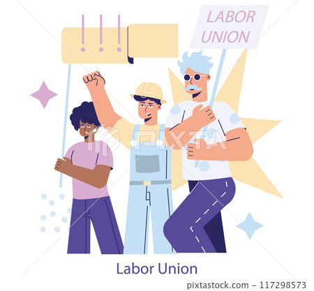 Labor Day concept. Workers unite under a Labor Union banner to celebrate solidarity and rights. Unity in diversity and worker empowerment. Vector illustration. 117298573