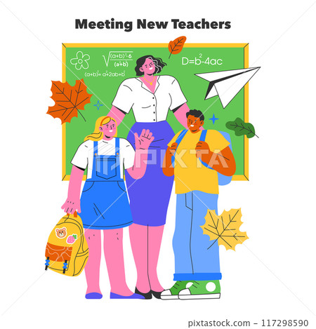 Back to School concept. Students enthusiastically meeting a new teacher in a classroom setting, symbolizing fresh academic beginnings. Vector illustration. 117298590
