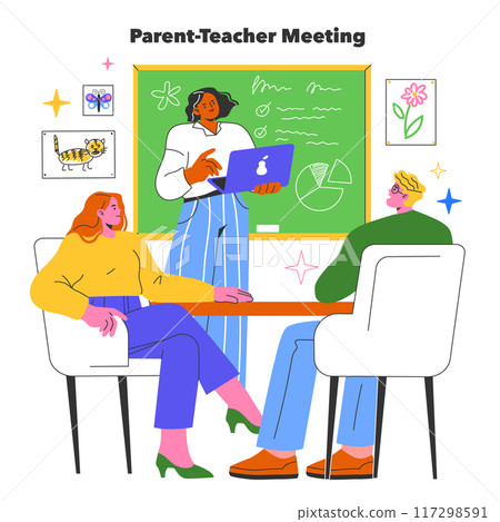 Parent-Teacher Meeting concept. Engaging discussion on student progress. Parents and teacher communicating in a classroom. Vector illustration. 117298591