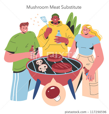 Mushroom cultivation concept. Friends enjoy a barbecue with mushroom meat substitutes, promoting sustainable dining habits. Vector illustration. 117298596
