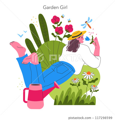 Garden Girl concept. Relaxed woman enjoying nature surrounded by flowers and plants. Carefree gardening, leisure in springtime. Vector illustration. 117298599