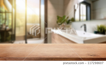 Empty countertop with blurry bathroom background, for design and decoration concepts 117298607