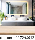 Empty countertop with blurry bathroom background, for design and decoration concepts 117298612