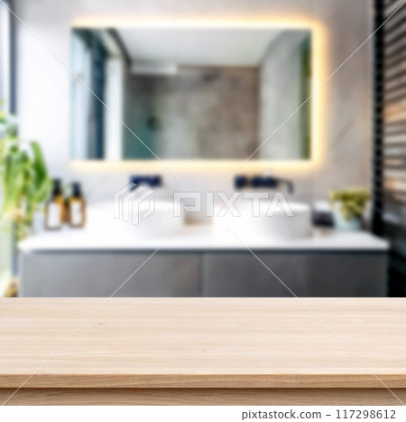Empty countertop with blurry bathroom background, for design and decoration concepts 117298612