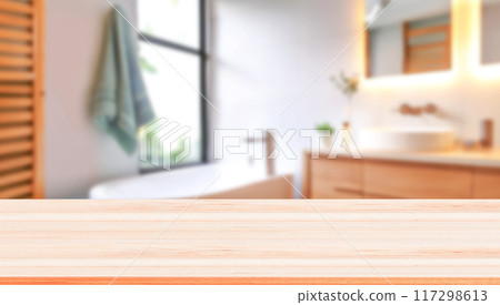 Empty countertop with blurry bathroom background, for design and decoration concepts Empty countertop with blurry bathroom background, for design and decoration concepts 117298613