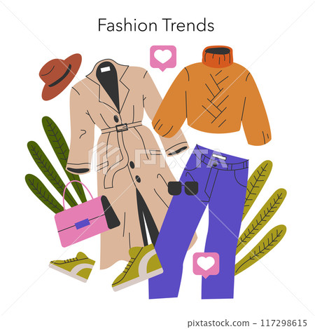 Fashion Trends concept. Stylish collection of garments showcasing contemporary wardrobe must-haves. Trendy clothing and accessories arrangement. Vector illustration. 117298615