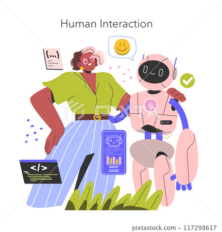 AI companionship illustration. A woman and her humanoid robot assistant interact, signaling the blending of technology and daily life. Vector illustration. 117298617