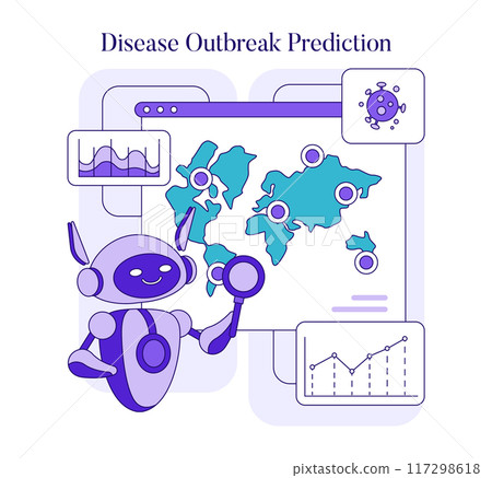 AI Disease Prediction concept. Robot analyzing data on a digital map to forecast epidemics. Vector illustration. 117298618