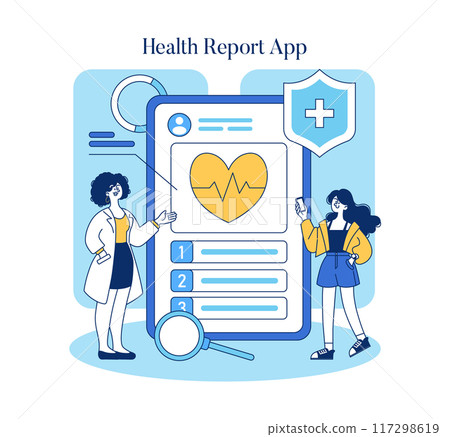 Health Report App concept. Illustration of users interacting with a mobile application displaying medical information and heart rate data. Monochromatic design with blue hues. Vector illustration. 117298619