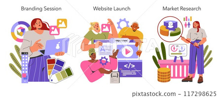 Business Startup set. Creative team in branding session, website launch, and market research. Creative process dynamics, online presence, and data analysis. Vector illustration. 117298625