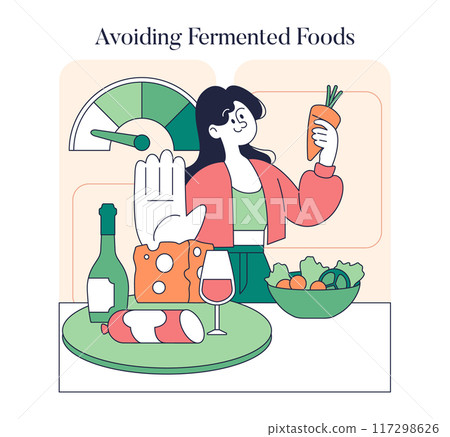 Low Histamine Diet concept. Woman choosing carrots over fermented foods for dietary health. Nutritional choices for allergy management. Vector illustration. 117298626