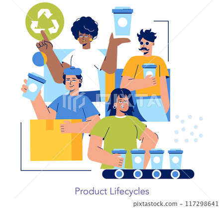 Circular Economy concept. People engaging in sustainable practices with reusable cups to promote environmental responsibility. Vector illustration. Circular Economy concept. People engaging in sustainable practices with reusable cups to promote environmental responsibility. Vector illustration. 117298641