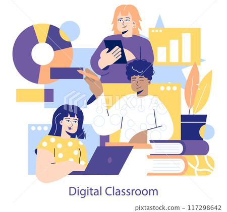 Online Education concept. Students engaging in remote learning with digital tools and resources. Interactive virtual classroom experience. Vector illustration. Online Education concept. Students engaging in remote learning with digital tools and resources. Interactive virtual classroom experience. Vector illustration. 117298642