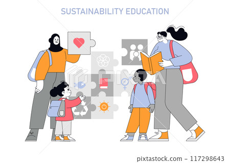 Sustainability education concept. Teachers and students engage with environmental themes through interactive puzzles and books. Vector illustration. Sustainability education concept. Teachers and students engage with environmental themes through interactive puzzles and books. Vector illustration. 117298643