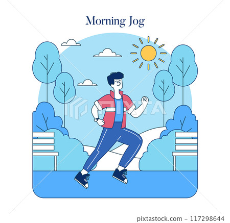 Morning Jog concept. A person running through a serene park, enjoying a healthy lifestyle. Regular exercise, sunny outdoors scene. Vector illustration. Morning Jog concept. A person running through a serene park, enjoying a healthy lifestyle. Regular exercise, sunny outdoors scene. Vector illustration. 117298644