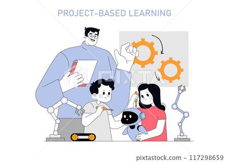 Education concept. Students engage in project-based learning with the mentorship of a teacher and robotic tools. Collaborative innovation education. Vector illustration. 117298659