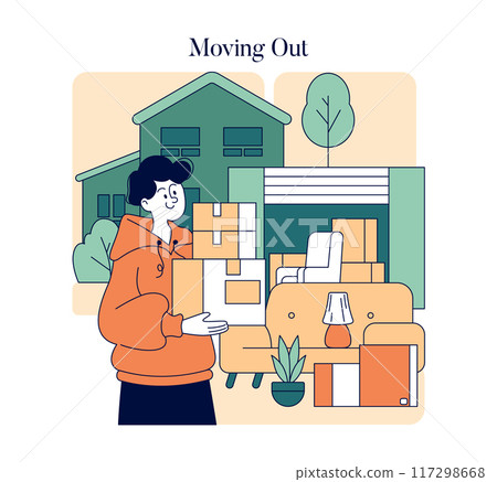 Moving Out concept. A person stands by packed items and furniture, indicating a house relocation. A seamless transition to a new beginning. Vector illustration. Moving Out concept. A person stands by packed items and furniture, indicating a house relocation. A seamless transition to a new beginning. Vector illustration. 117298668