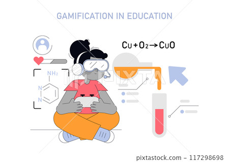 Gamification in education concept. A student immersed in virtual reality learning chemistry, symbolizing interactive and engaging study methods. Vector illustration. Gamification in education concept. A student immersed in virtual reality learning chemistry, symbolizing interactive and engaging study methods. Vector illustration. 117298698