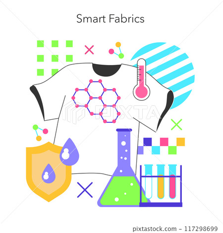 Fashion Tech concept. Advanced clothing with integrated technology for enhanced functionality. Molecular structure and scientific innovation. Vector illustration. Fashion Tech concept. Advanced clothing with integrated technology for enhanced functionality. Molecular structure and scientific innovation. Vector illustration. 117298699