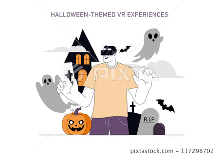 Halloween-themed VR experience concept. Man immersed in virtual reality amongst spooky elements. Interactive tech meets festive fright. Vector illustration. 117298702