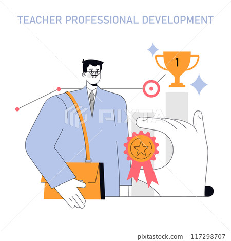 Teacher professional development concept. A confident educator with a briefcase is awarded a medal and trophy for excellence. Career growth in teaching. Vector illustration. 117298707